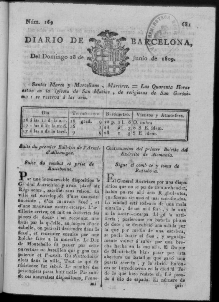 Miniatura de Diario de Barcelona del domingo 18 junio de 1809