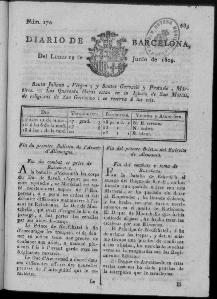 Miniatura de Diario de Barcelona del lunes 19 junio de 1809