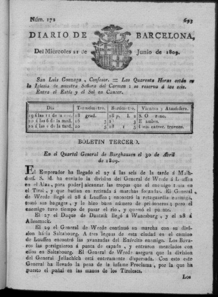Miniatura de Diario de Barcelona del miércoles 21 junio de 1809