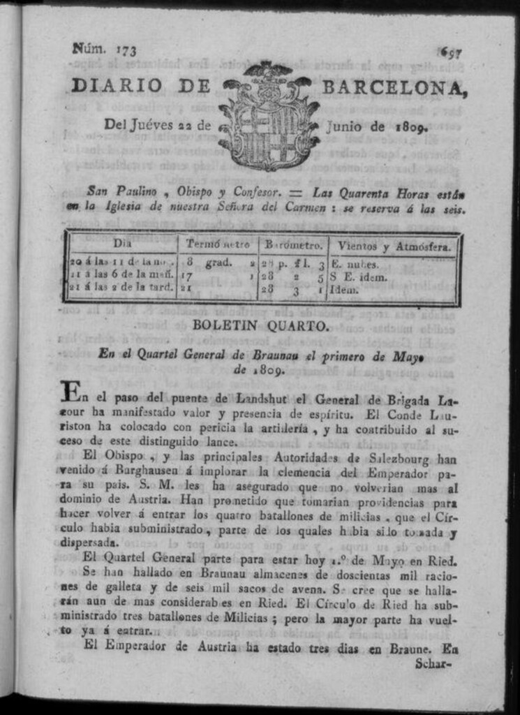 Miniatura de Diario de Barcelona del jueves 22 junio de 1809