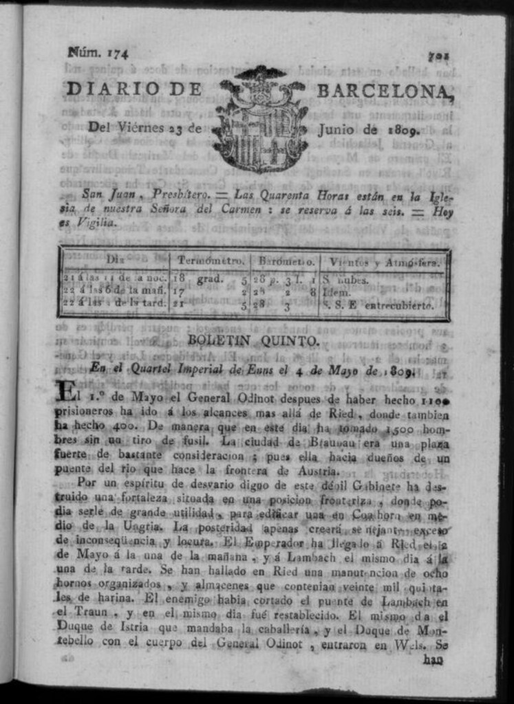Miniatura de Diario de Barcelona del viernes 23 junio de 1809