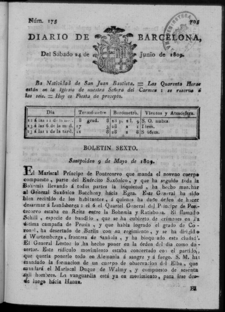 Miniatura de Diario de Barcelona del sábado 24 junio de 1809