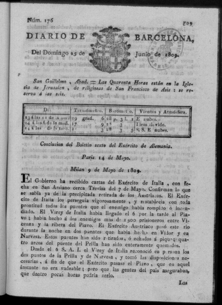 Miniatura de Diario de Barcelona del domingo 25 junio de 1809