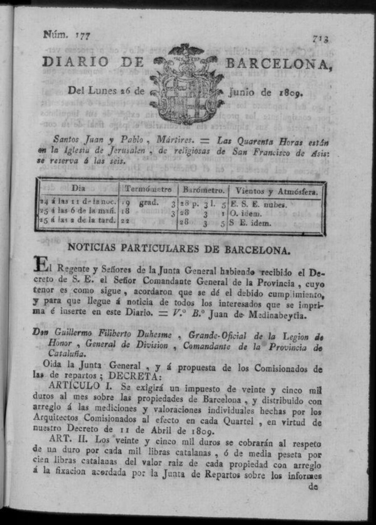Miniatura de Diario de Barcelona del lunes 26 junio de 1809