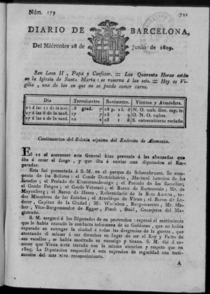 Miniatura de Diario de Barcelona del miércoles 28 junio de 1809