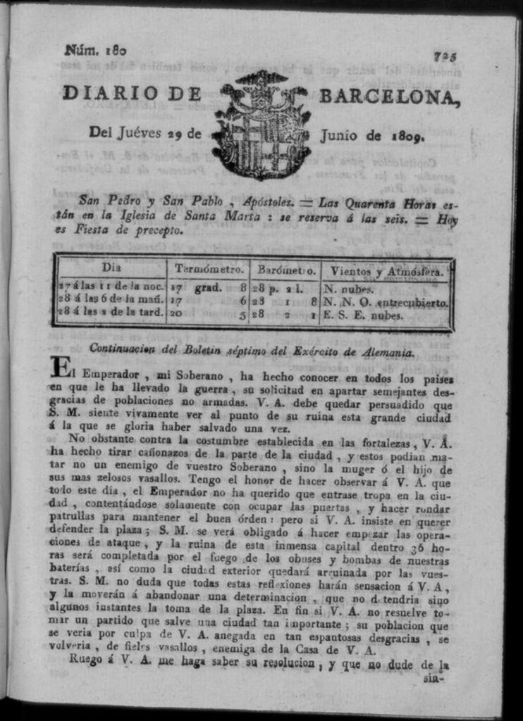 Miniatura de Diario de Barcelona del jueves 29 junio de 1809