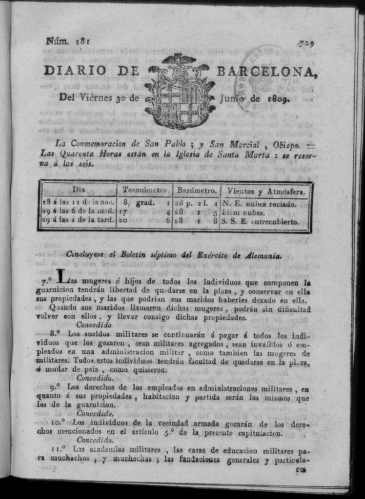 Miniatura de Diario de Barcelona del viernes 30 junio de 1809