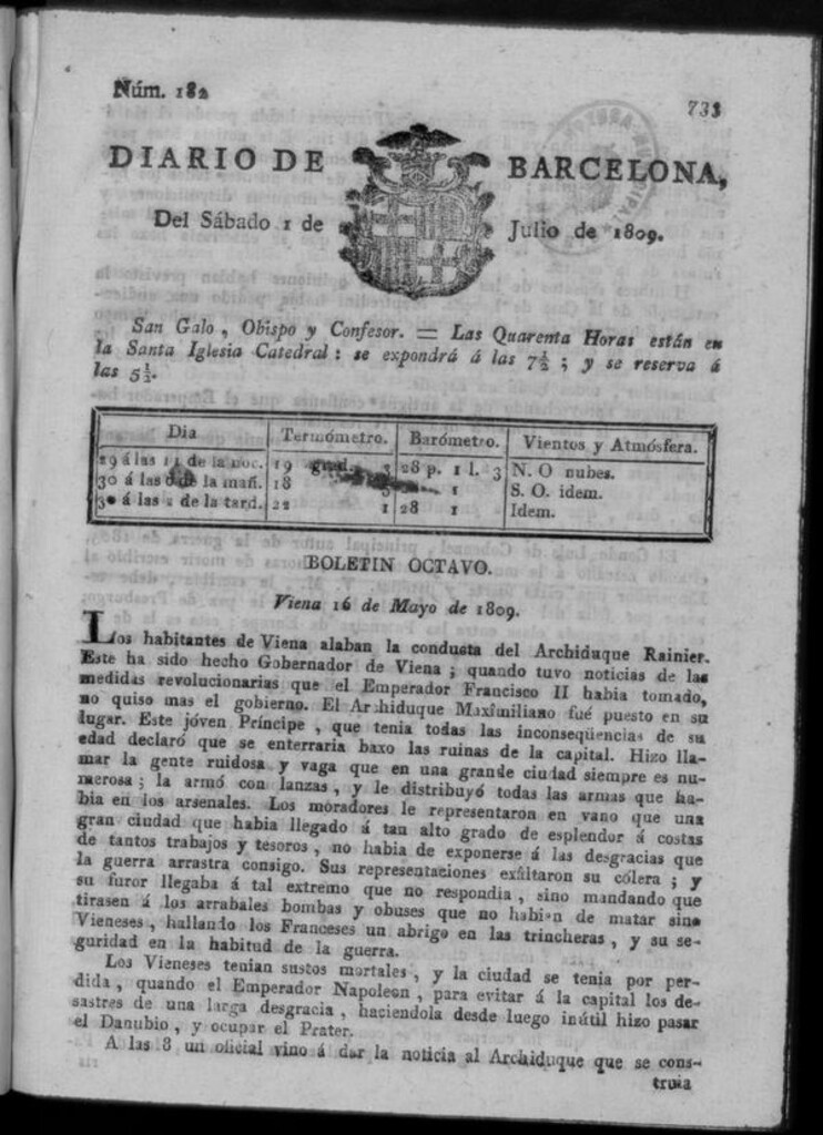 Miniatura de Diario de Barcelona del sábado 1 de julio de 1809