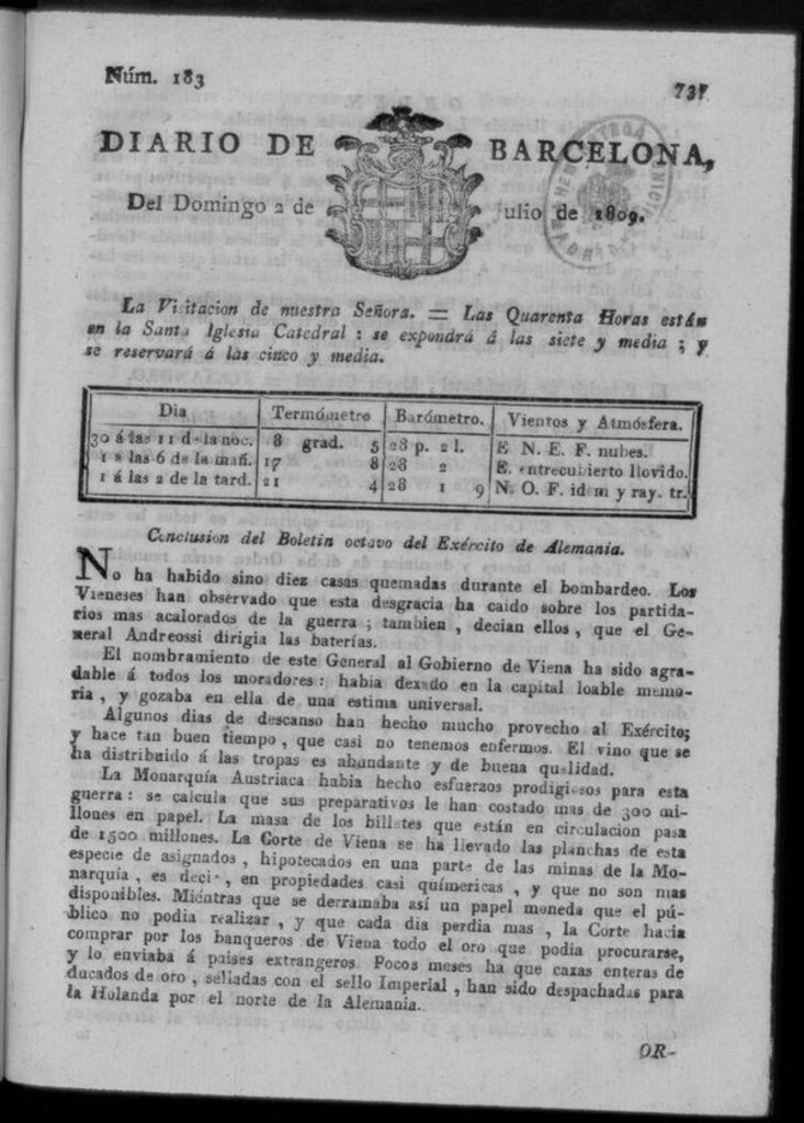 Miniatura de Diario de Barcelona del domingo 2 de julio de 1809