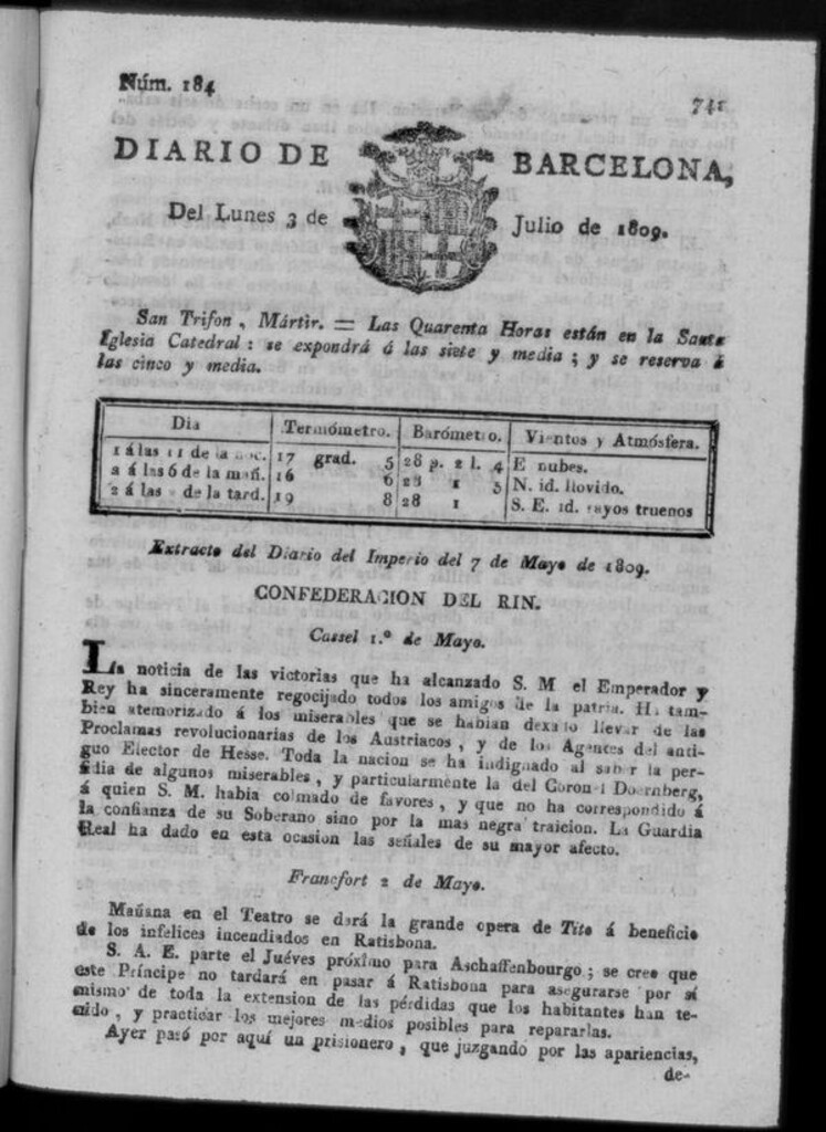 Miniatura de Diario de Barcelona del lunes 3 de julio de 1809