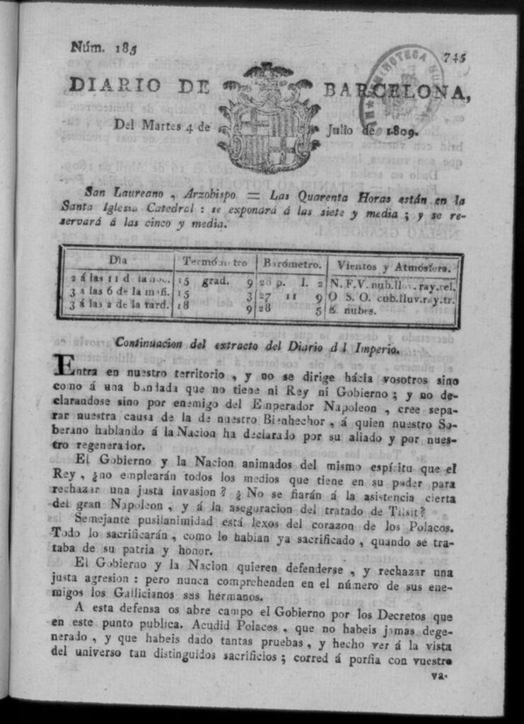 Miniatura de Diario de Barcelona del martes 4 de julio de 1809