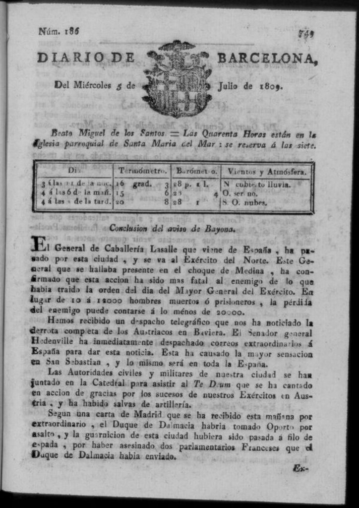 Miniatura de Diario de Barcelona del miércoles 5 de julio de 1809