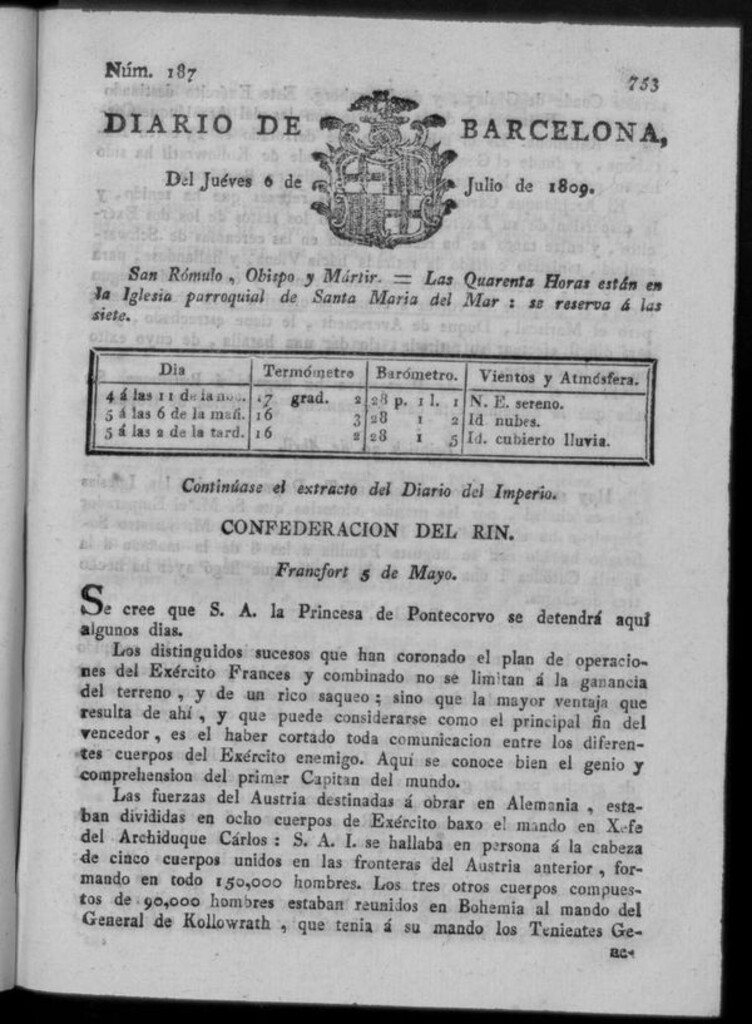 Miniatura de Diario de Barcelona del jueves 6 de julio de 1809