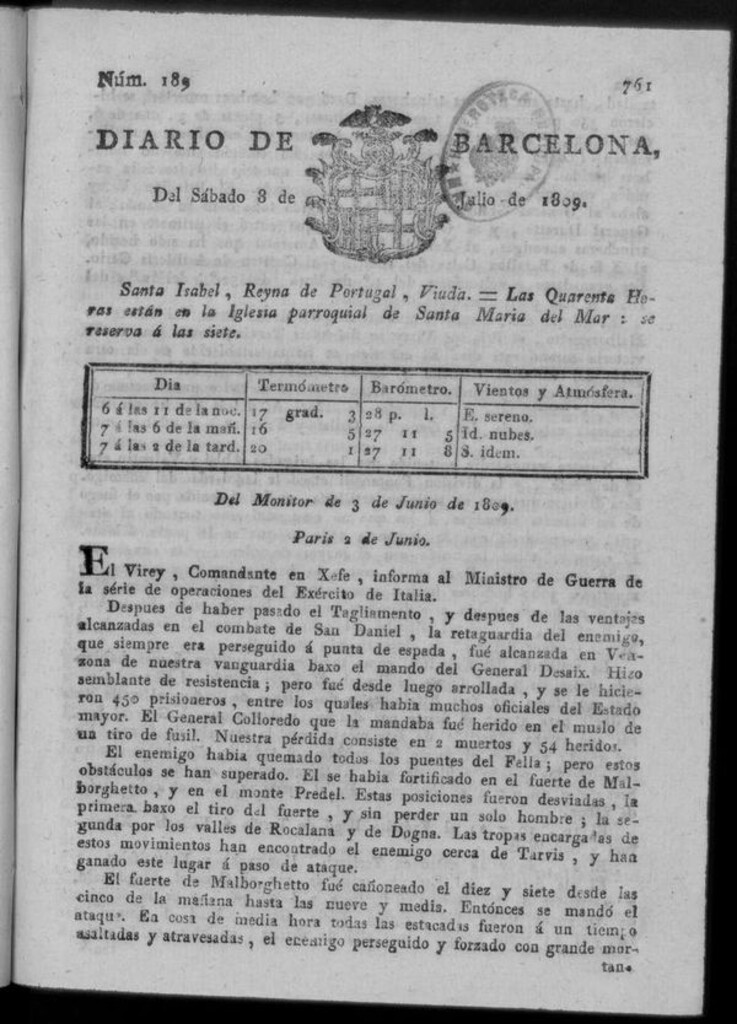 Miniatura de Diario de Barcelona del sábado 8 de julio de 1809
