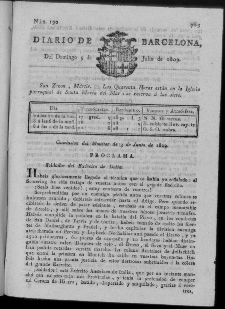 Miniatura de Diario de Barcelona del domingo 9 de julio de 1809