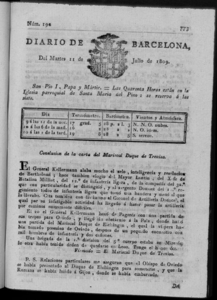 Miniatura de Diario de Barcelona del martes 11 de julio de 1809