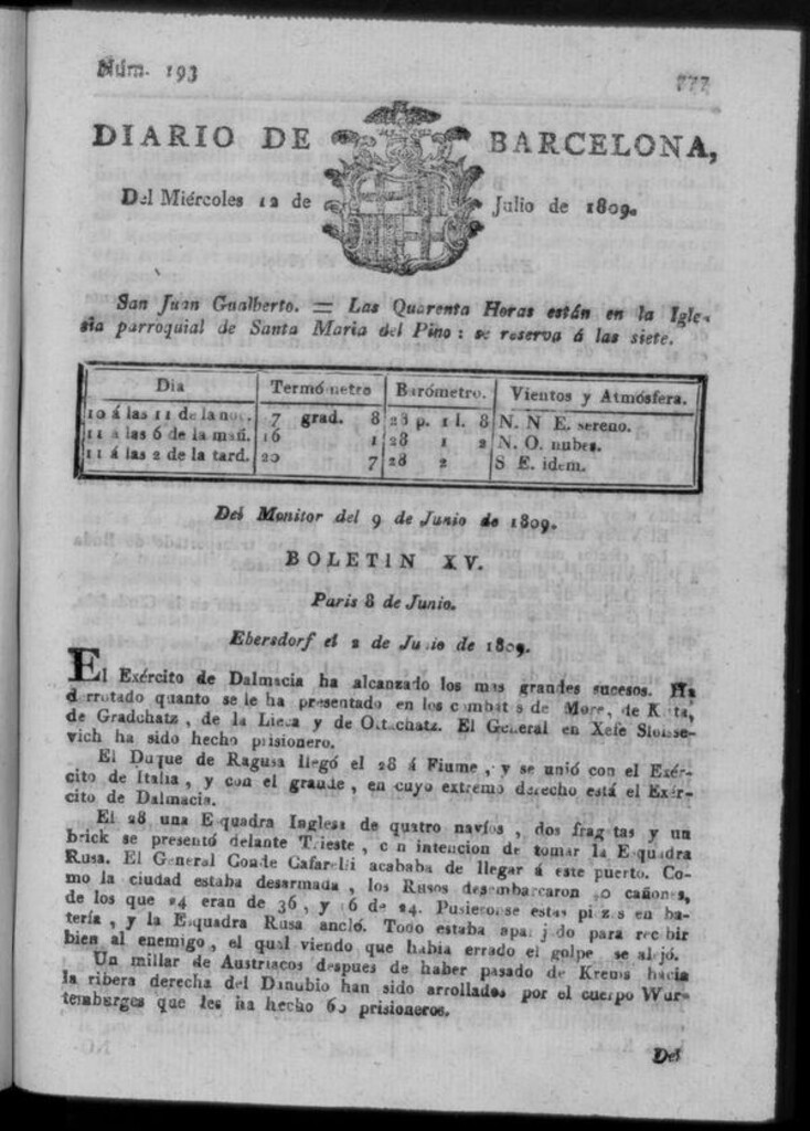 Miniatura de Diario de Barcelona del miércoles 12 de julio de 1809