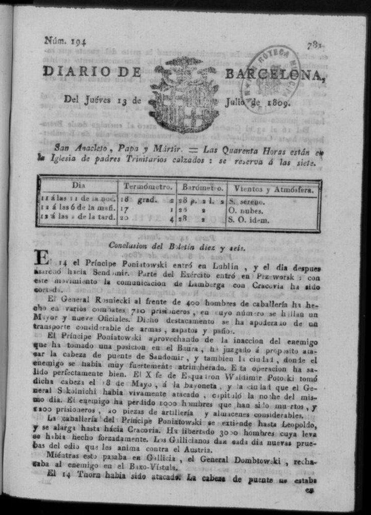 Miniatura de Diario de Barcelona del jueves 13 de julio de 1809