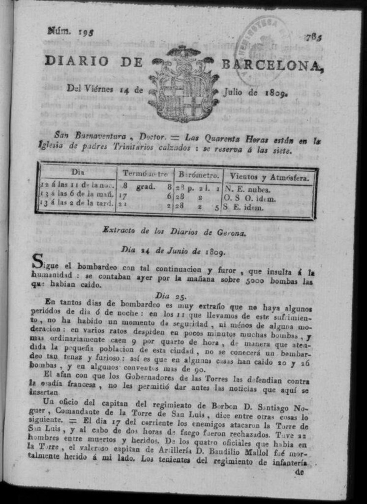 Miniatura de Diario de Barcelona del viernes 14 de julio de 1809