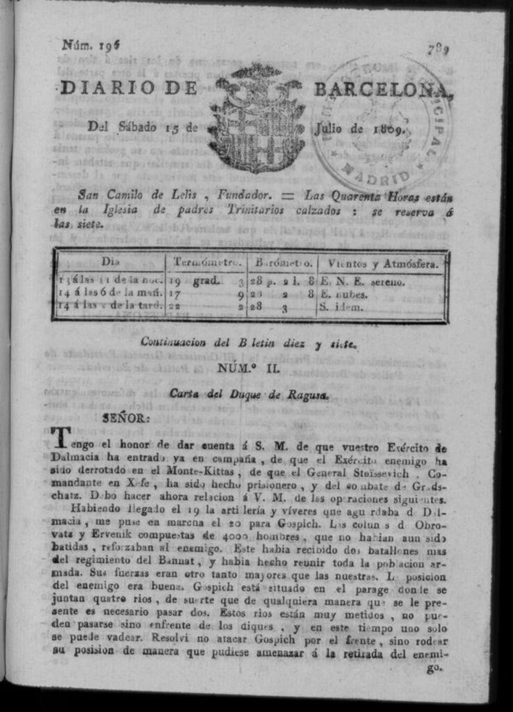 Miniatura de Diario de Barcelona del sábado 15 de julio de 1809