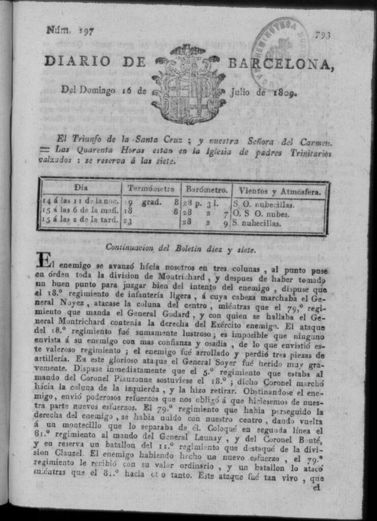 Miniatura de Diario de Barcelona del domingo 16 de julio de 1809