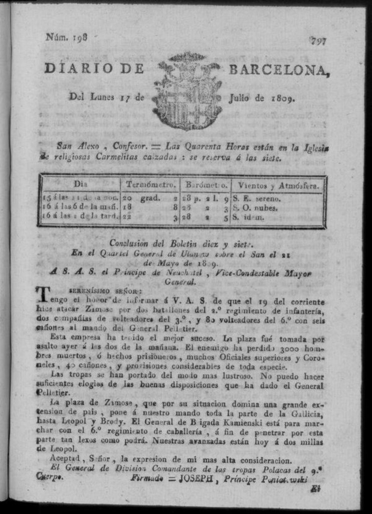 Miniatura de Diario de Barcelona del lunes 17 de julio de 1809