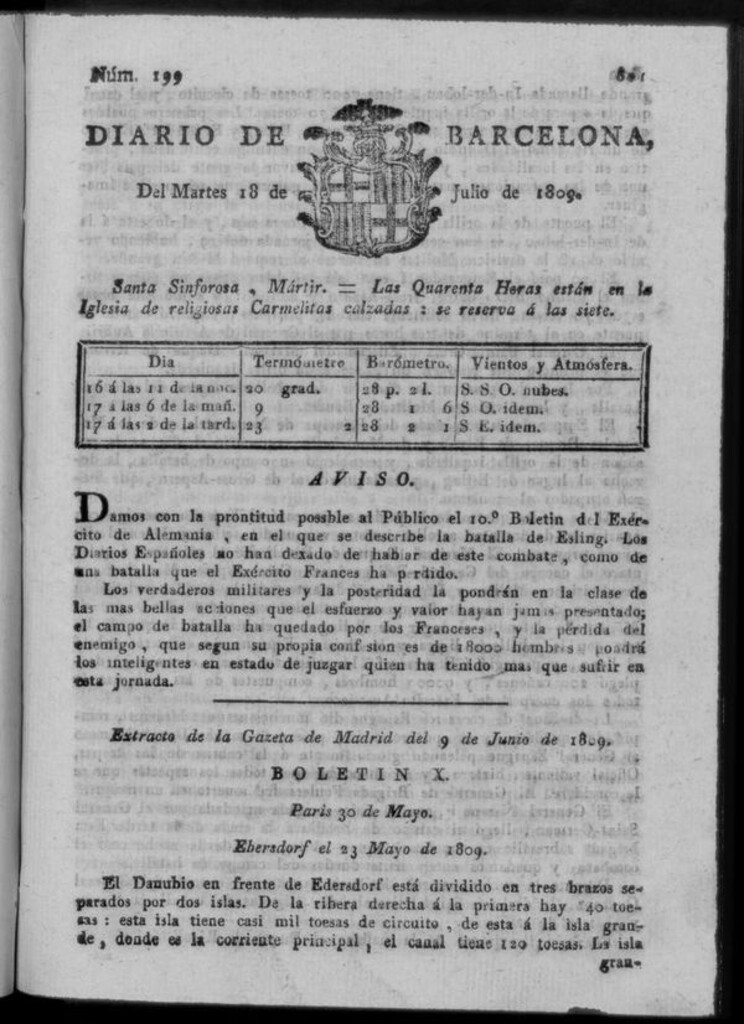 Miniatura de Diario de Barcelona del martes 18 de julio de 1809