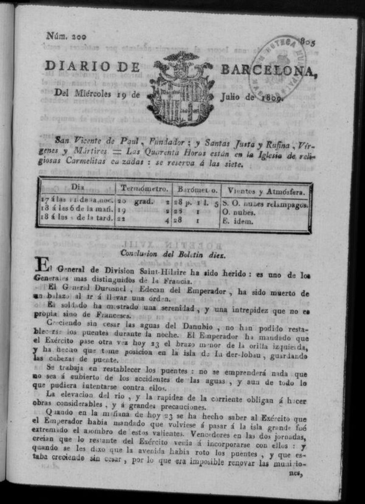 Miniatura de Diario de Barcelona del miércoles 19 de julio de 1809