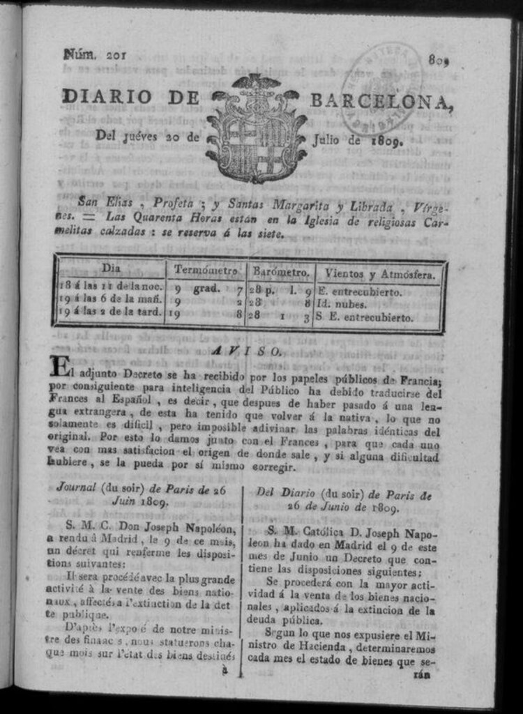 Miniatura de Diario de Barcelona del jueves 20 de julio de 1809