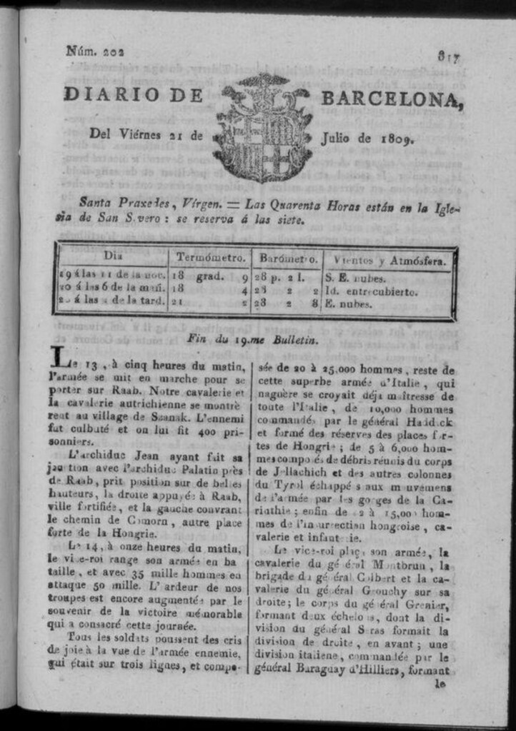 Miniatura de Diario de Barcelona del viernes 21 de julio de 1809