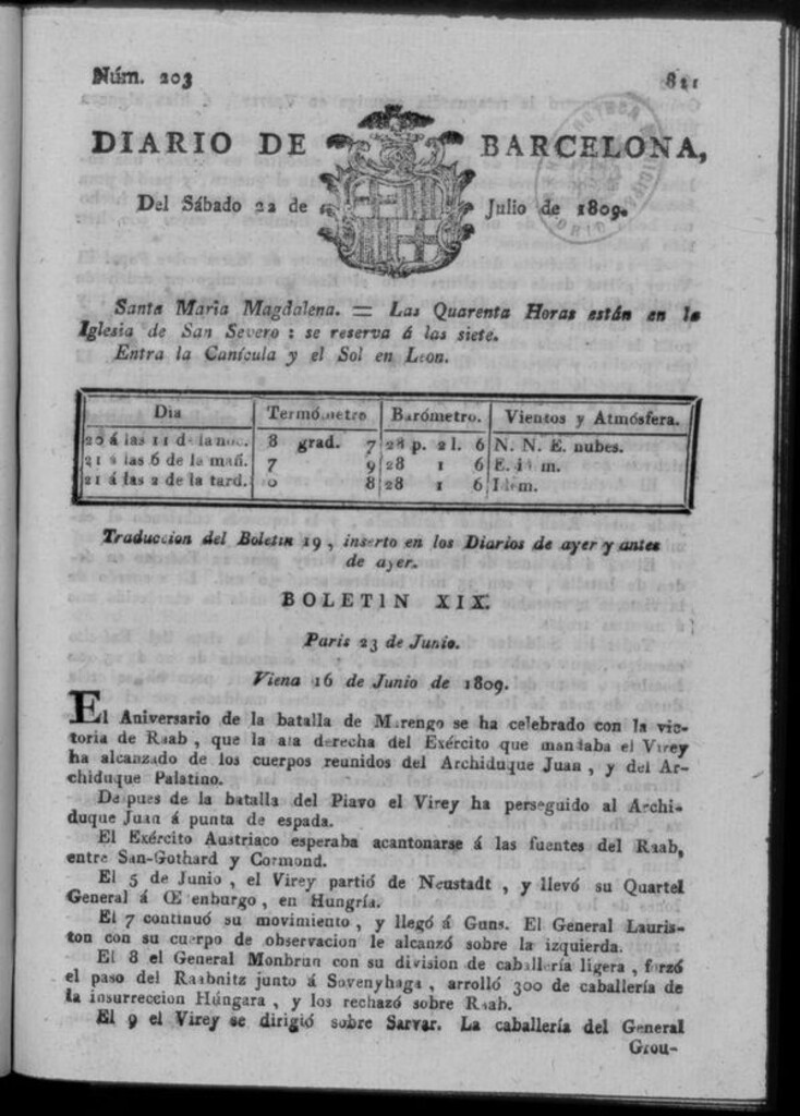 Miniatura de Diario de Barcelona del sábado 22 de julio de 1809