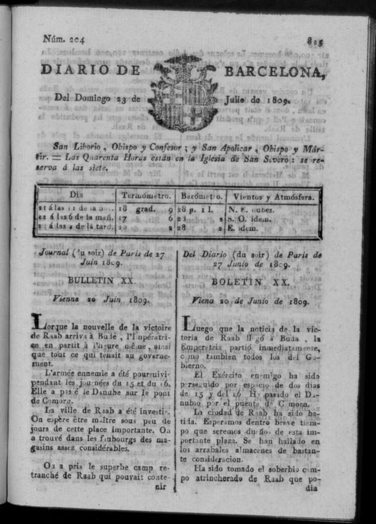 Miniatura de Diario de Barcelona del domingo 23 de julio de 1809