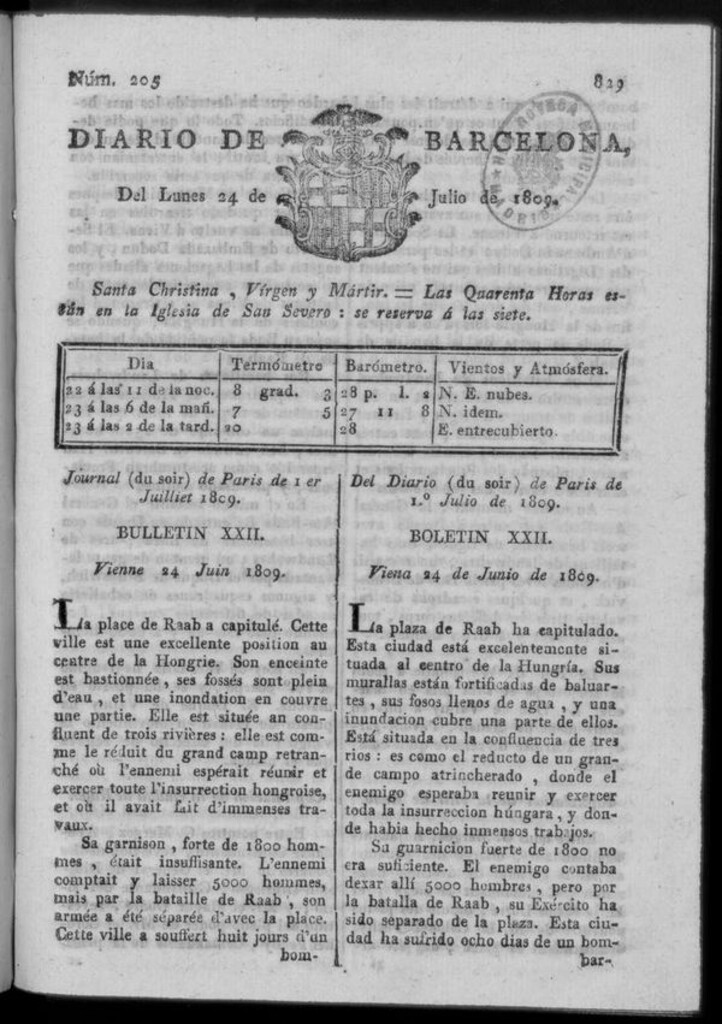 Miniatura de Diario de Barcelona del lunes 24 de julio de 1809