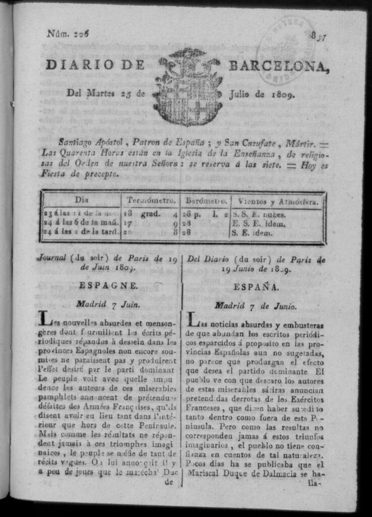 Miniatura de Diario de Barcelona del martes 25 de julio de 1809