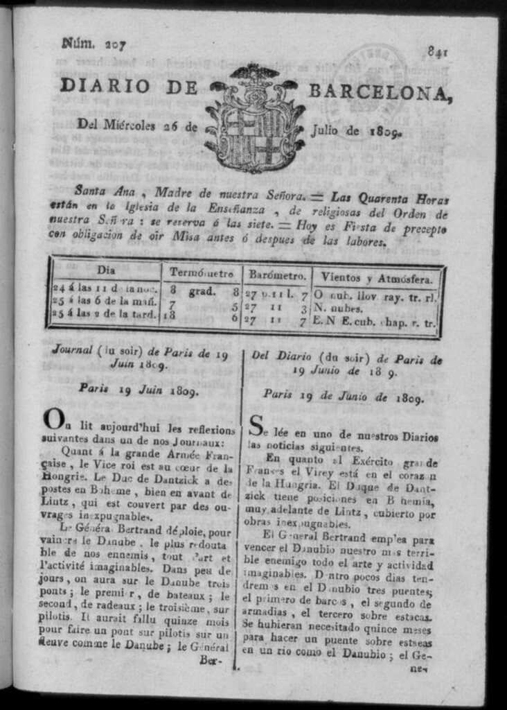 Miniatura de Diario de Barcelona del miércoles 26 de julio de 1809