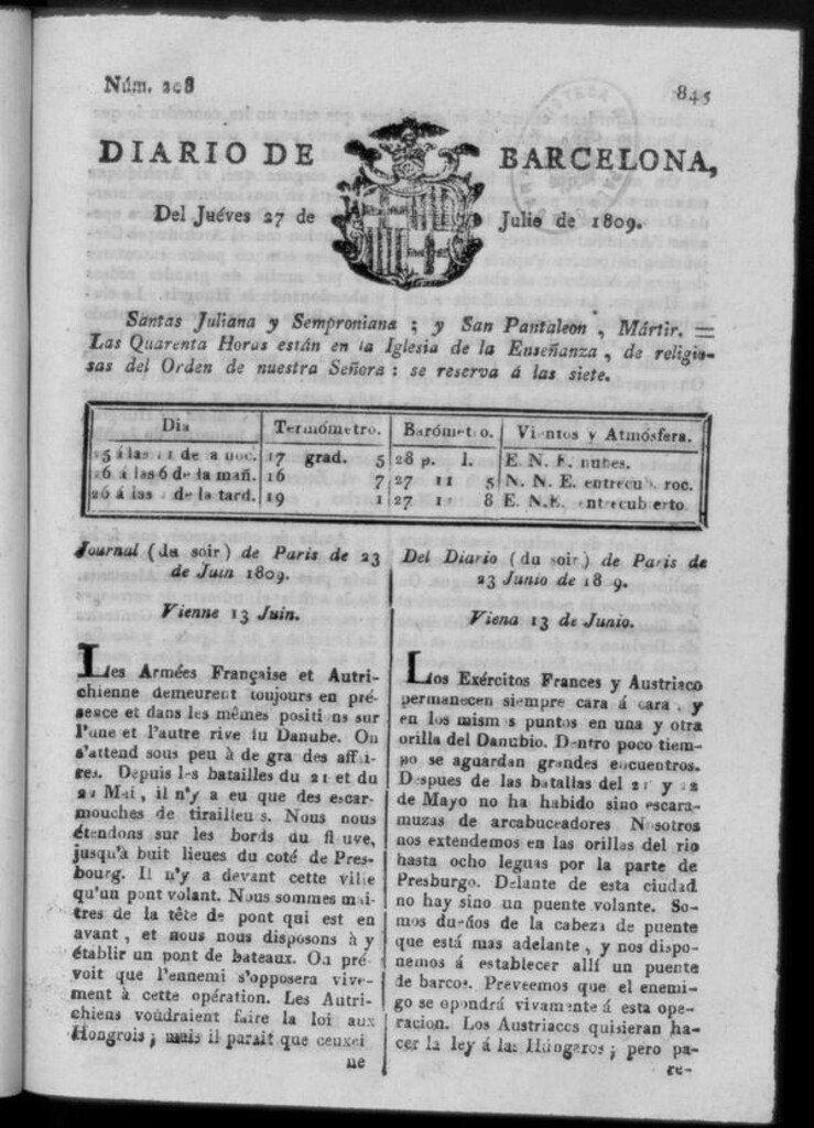 Miniatura de Diario de Barcelona del jueves 27 de julio de 1809