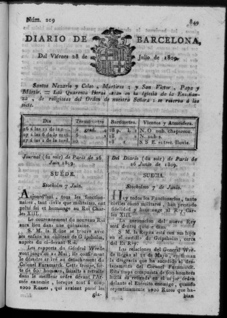 Miniatura de Diario de Barcelona del viernes 28 de julio de 1809