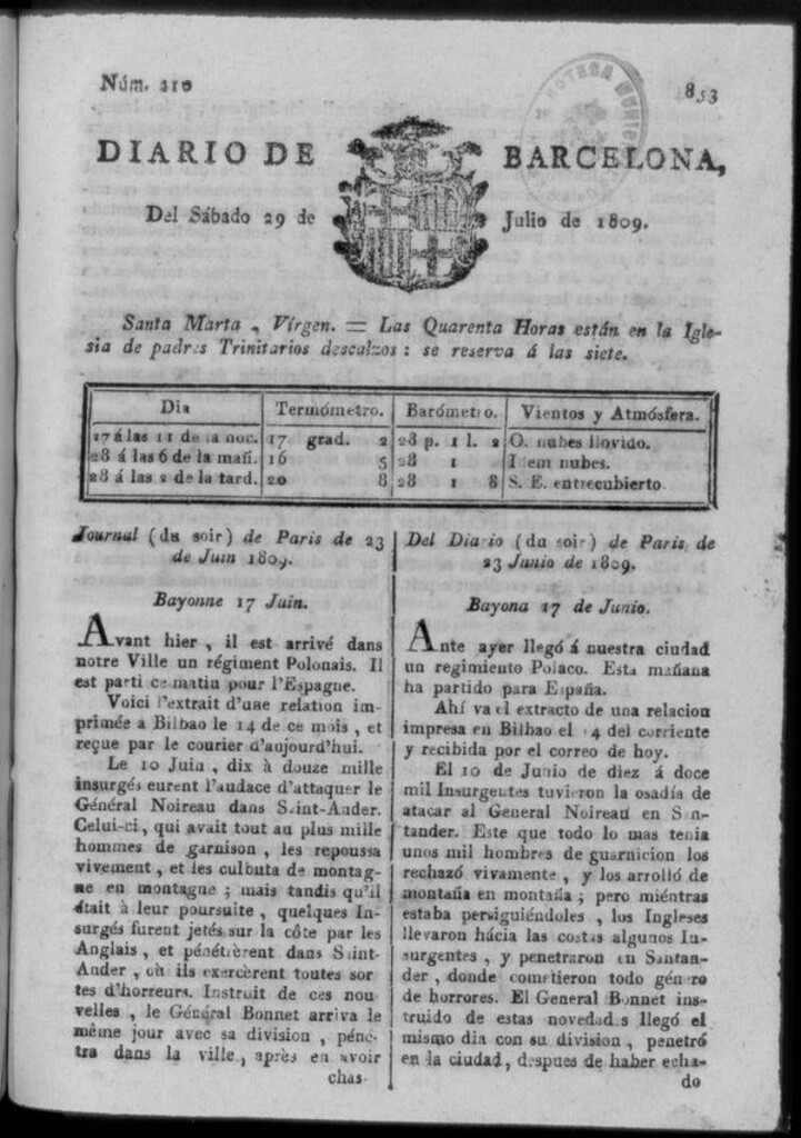 Miniatura de Diario de Barcelona del sábado 29 de julio de 1809