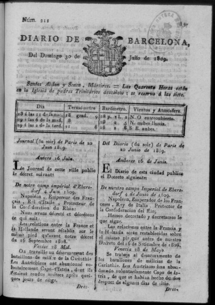 Miniatura de Diario de Barcelona del domingo 30 de julio de 1809