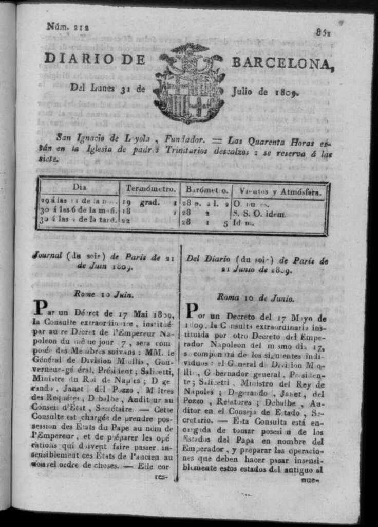 Miniatura de Diario de Barcelona del lunes 31 de julio de 1809