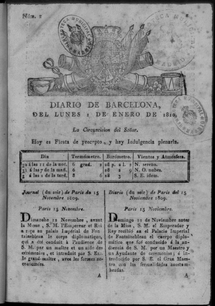 Miniatura de Diario de Barcelona del lunes 1 de enero de 1810