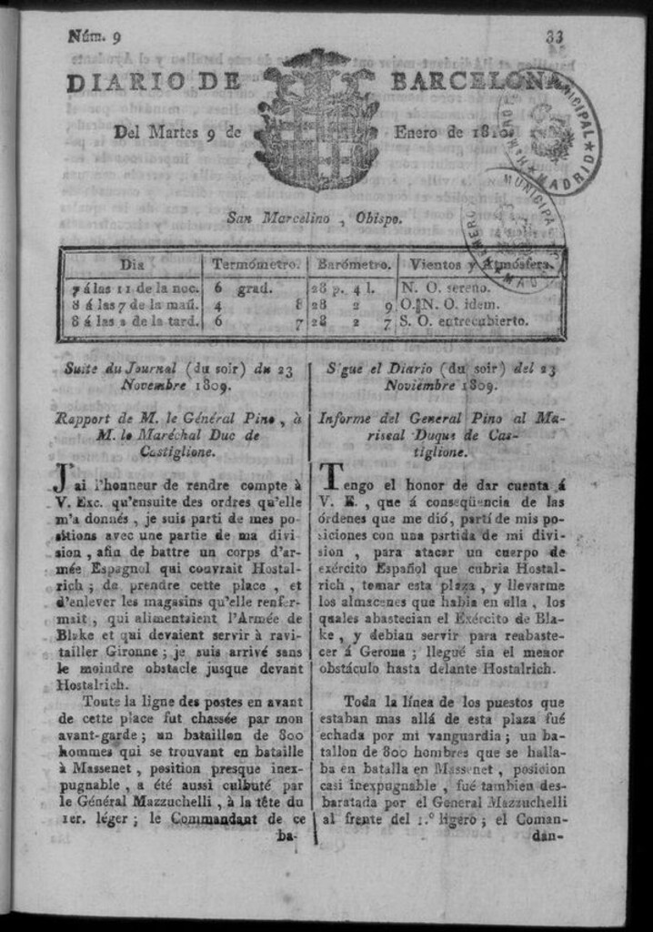Miniatura de Diario de Barcelona del martes 9 de enero de 1810