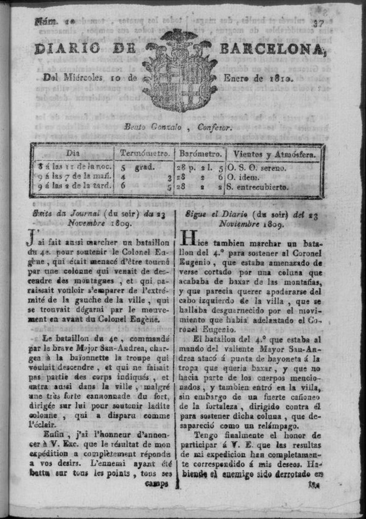 Miniatura de Diario de Barcelona del miércoles 10 de enero de 1810