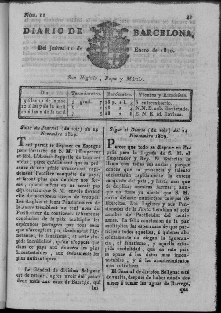 Miniatura de Diario de Barcelona del jueves 11 de enero de 1810