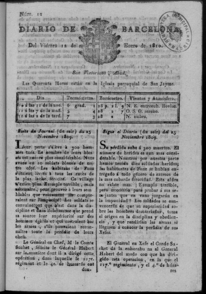 Miniatura de Diario de Barcelona del viernes 12 de enero de 1810