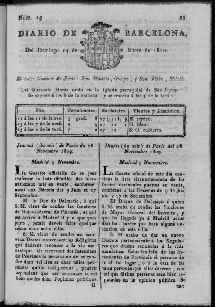 Miniatura de Diario de Barcelona del domingo 14 de enero de 1810