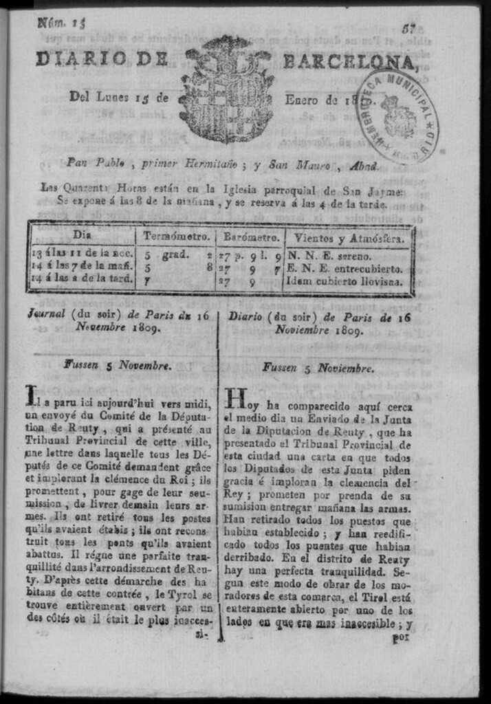 Miniatura de Diario de Barcelona del lunes 15 de enero de 1810