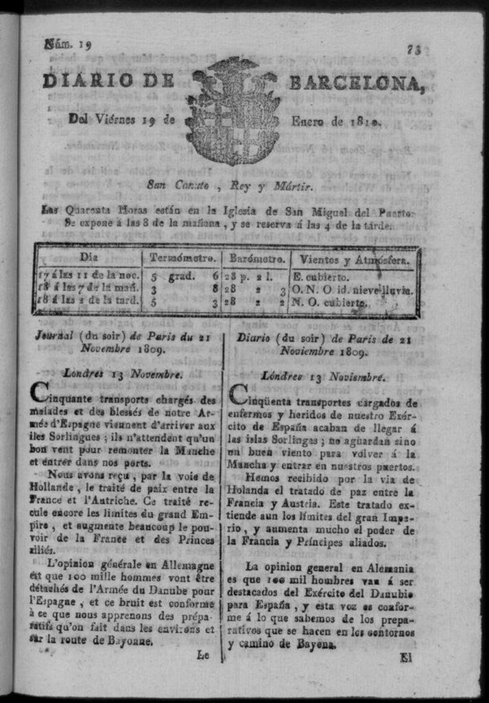 Miniatura de Diario de Barcelona del viernes 19 de enero de 1810