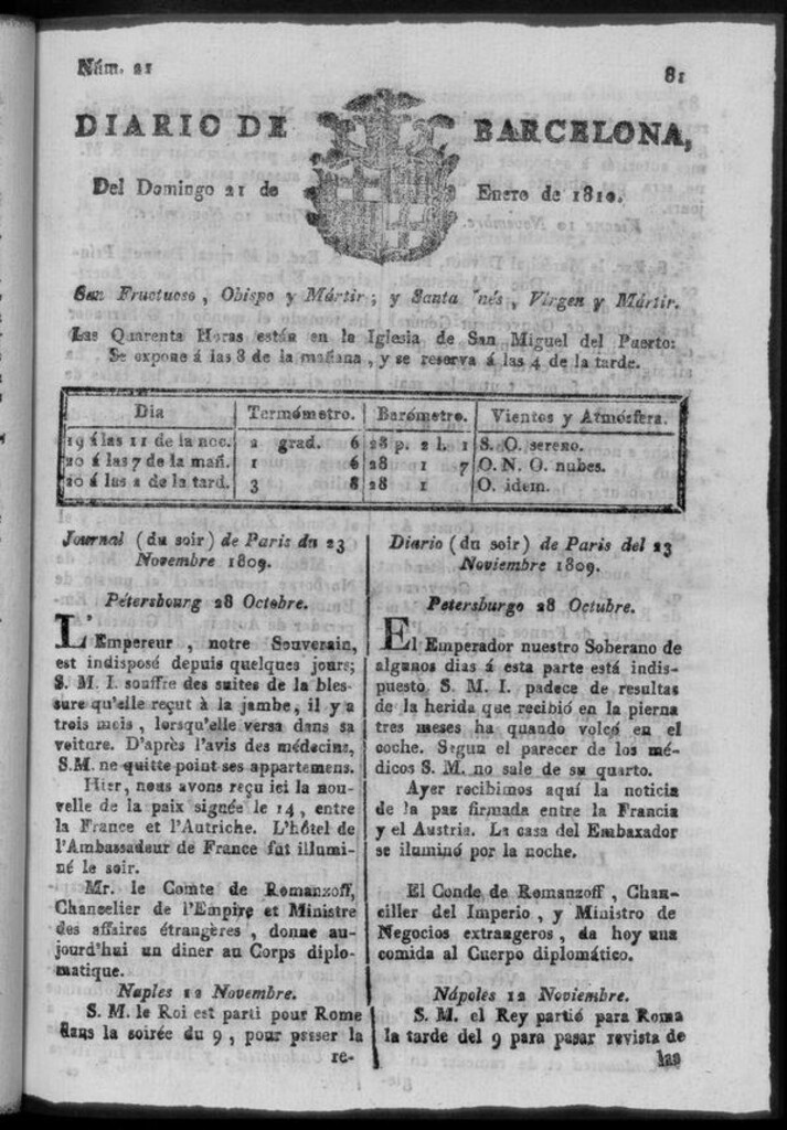 Miniatura de Diario de Barcelona del domingo 21 de enero de 1810