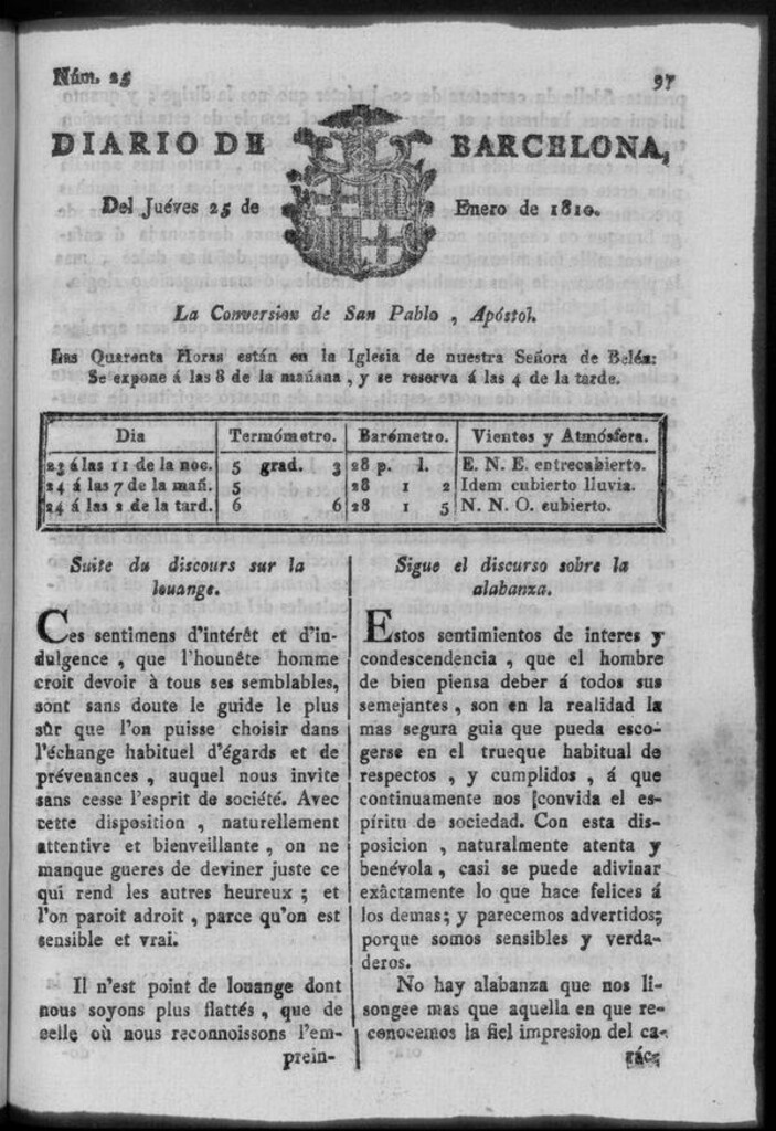 Miniatura de Diario de Barcelona del jueves 25 de enero de 1810